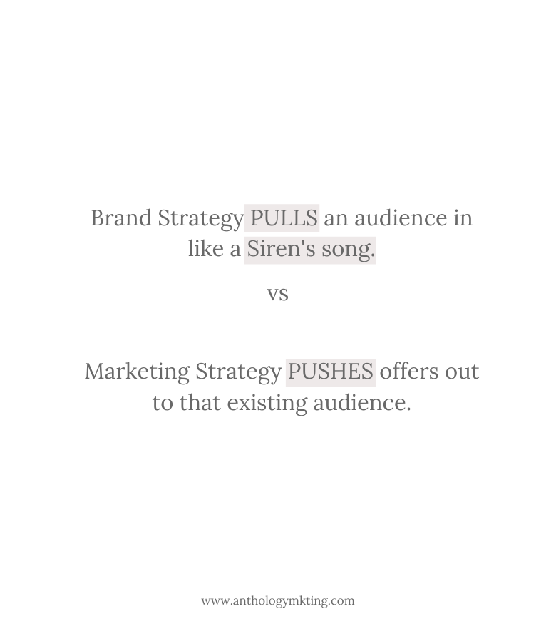 Brnad stratgey is used to pull an audince in like a sirens sons while marketing strategy is used to push offers out to that existing audience.